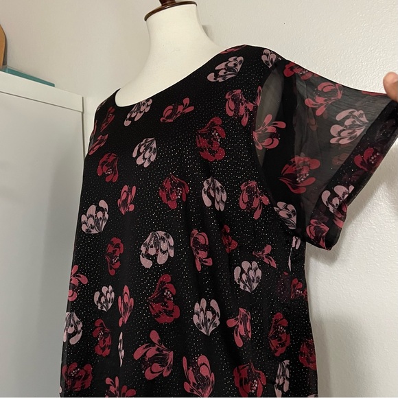 Vince Camuto Sheer Black Pink‎ Floral Tunic Blouse Sparkle Dots Short Sleeve - Picture 5 of 11